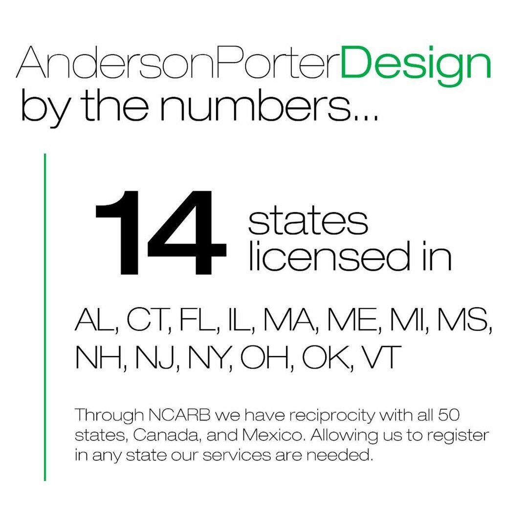 Over the years, Anderson Porter Design has served customers nationally and internationally. APD is currently licensed in 14 states: AL, CT, FL, IL, MA, ME, MI, MS, NH, NJ, NY, OH, OK, VT. But our reach knows no boundaries! Through the National Counci