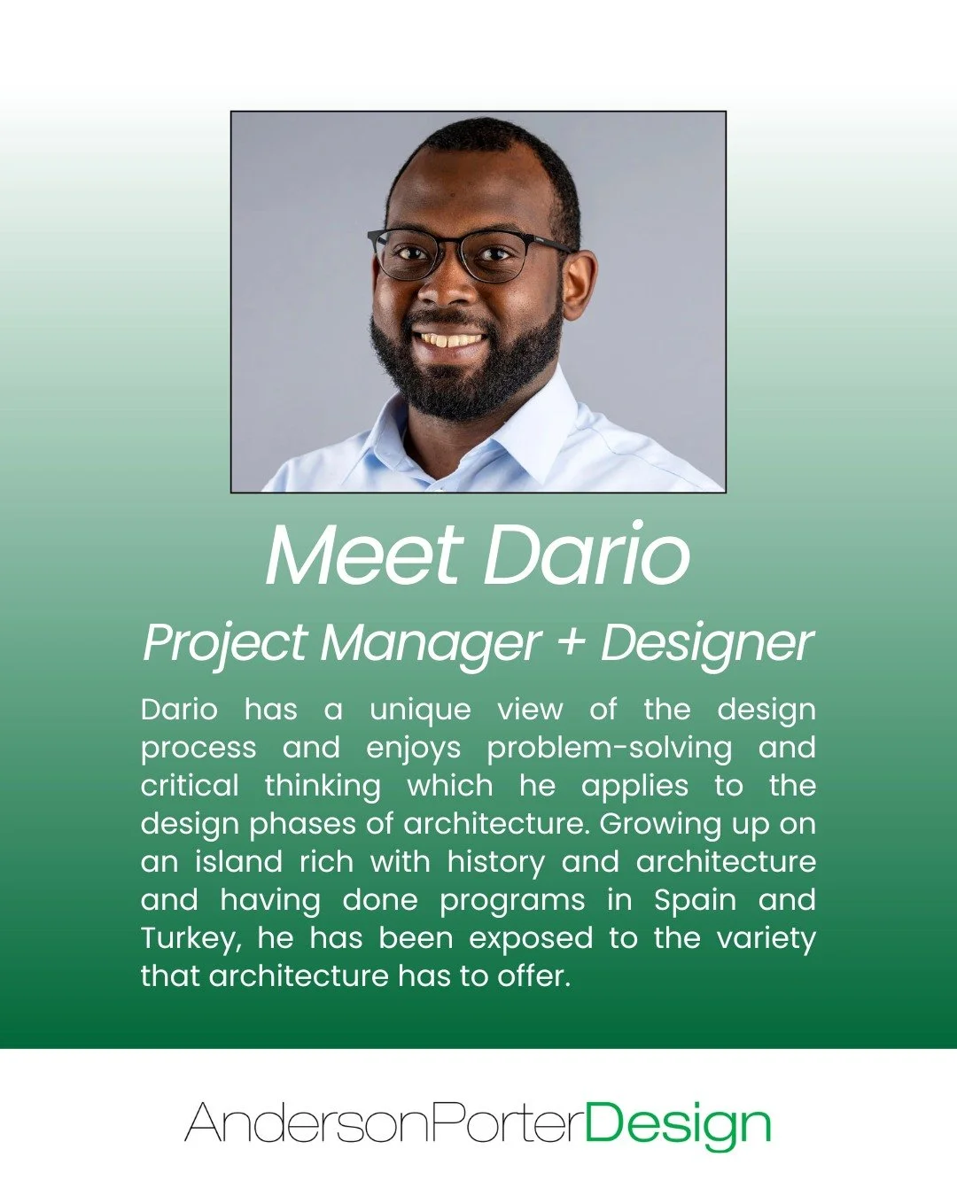 Meet Dario Boyce, Project Manager + Designer at Anderson Porter Design 👋

Dario brings a global perspective and a problem-solver&rsquo;s mindset to every project. Growing up on an island rich in history and architecture&mdash;and studying abroad in 