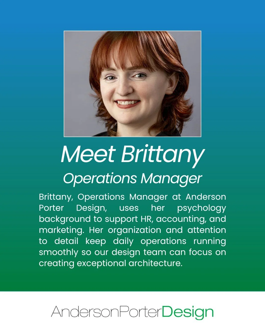 Meet Brittany, Operations Manager at Anderson Porter Design 👋 

With a background in psychology, Brittany brings insight, organization, and precision to everything she does&mdash;from HR and accounting to marketing and beyond. Her attention to detai