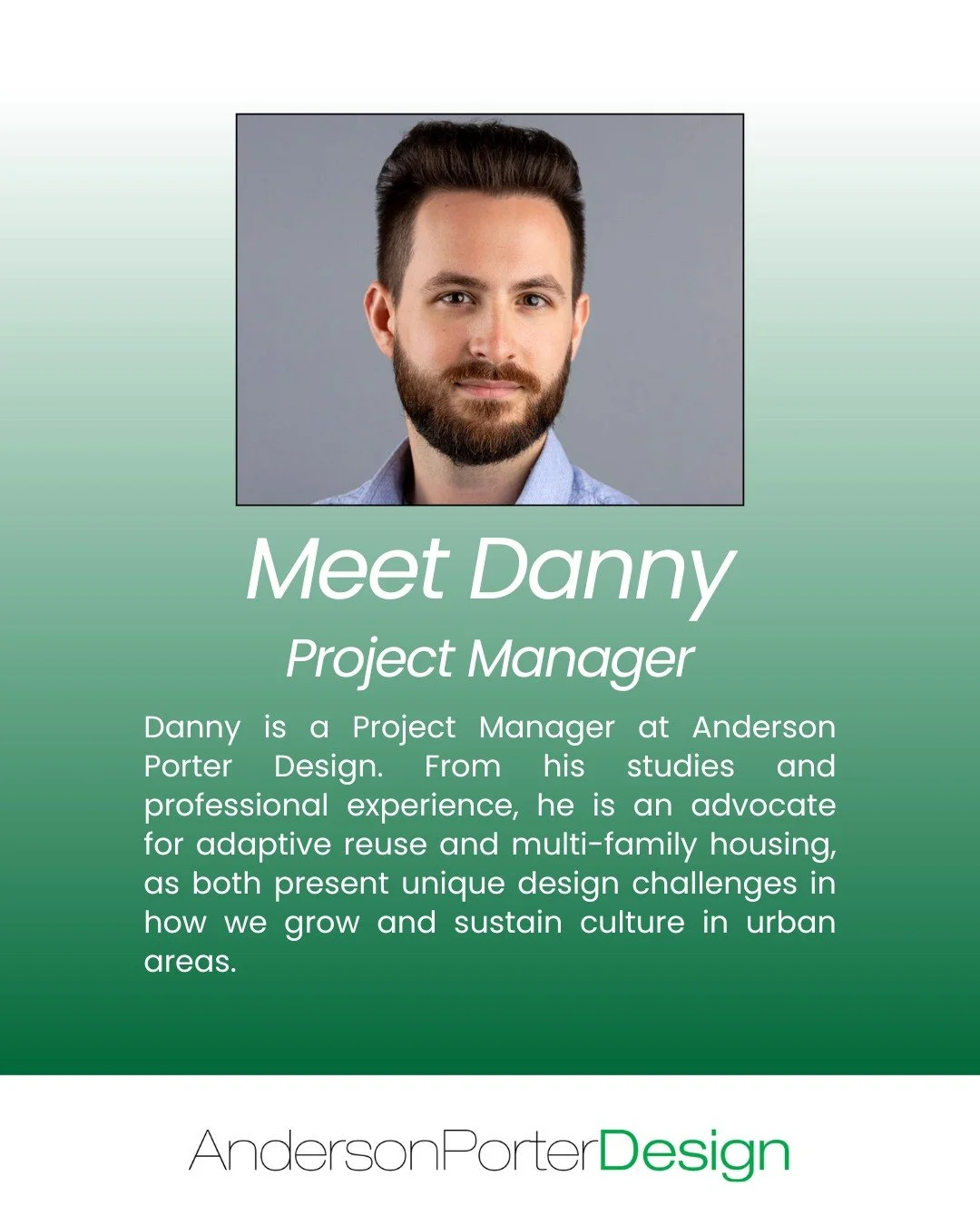 Meet the Team: Danny Stevens 👋

Danny is a Project Manager at Anderson Porter Design, with a passion for adaptive reuse and multi-family housing 🏙️

He&rsquo;s inspired by mixed-media representation and the work of Atelier Bow-Wow, Mies van der Roh