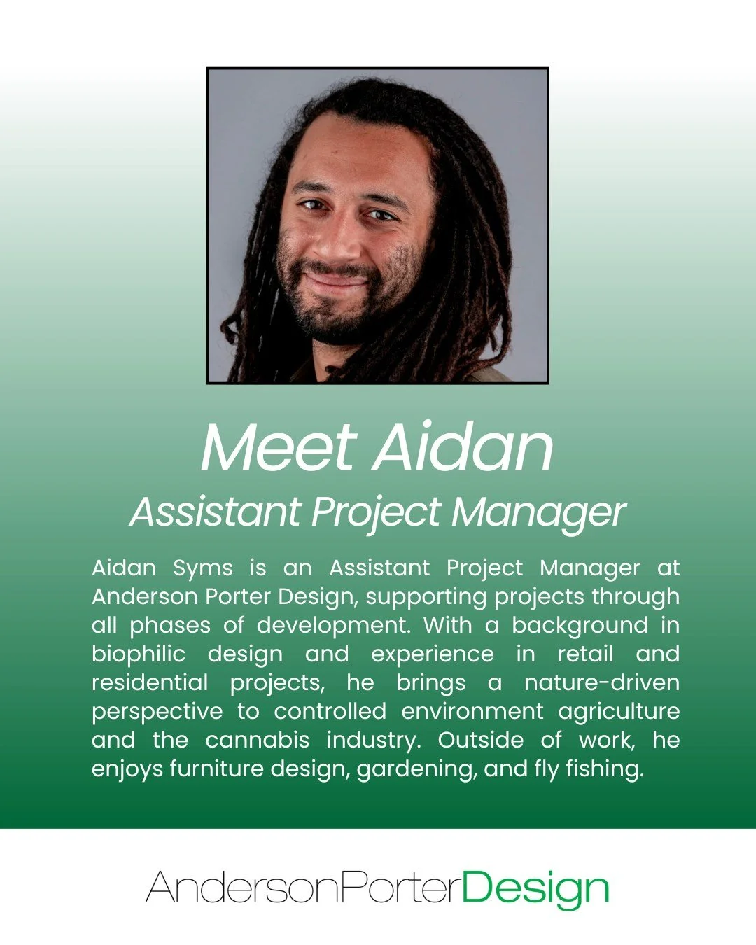 Meet the Team 👋

Aidan Syms brings a thoughtful, nature-driven perspective to his role as Assistant Project Manager at Anderson Porter Design. With a background in biophilic design and experience across retail and residential projects, he supports o