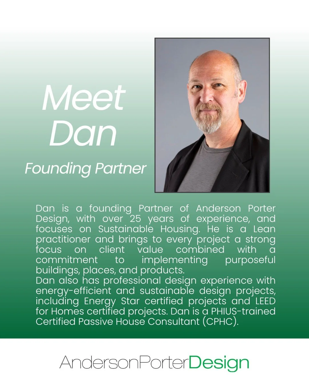 Meet the Team 👋

Meet Dan, a Founding Partner at Anderson Porter Design. With over 25 years of experience, Dan brings a strong focus on sustainable housing and delivering real value to every project. 🛠️

As a Lean practitioner and Passive House Con
