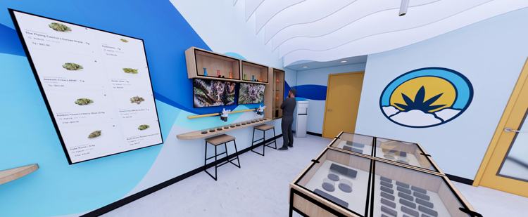 Interior of a recreational or retail shop with a large menu screen, display cases, and a person at the counter