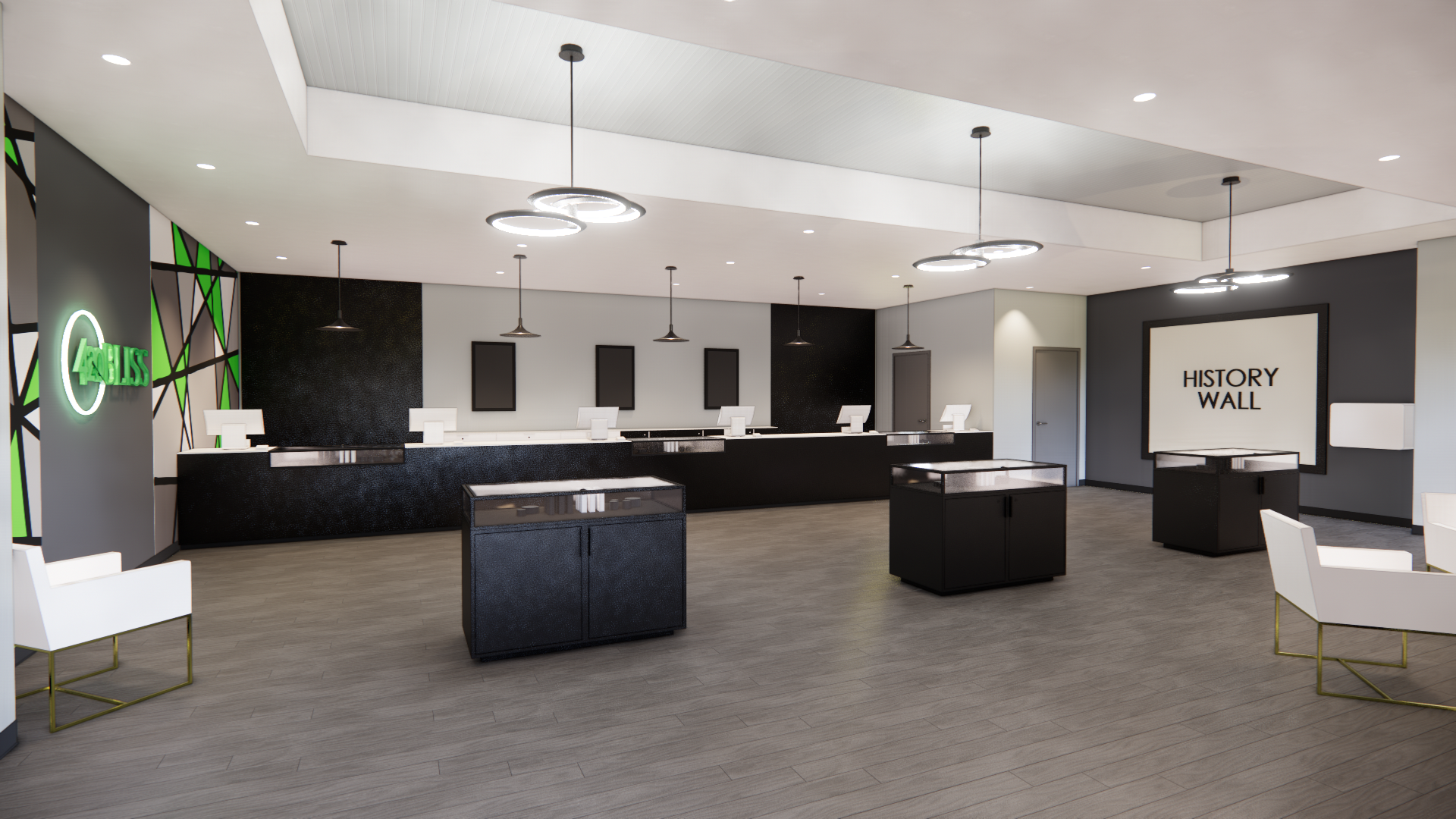 Modern lobby with white and black reception desk, multiple computer stations, black pendant lights, and a sign reading 'History Wall' on the wall.