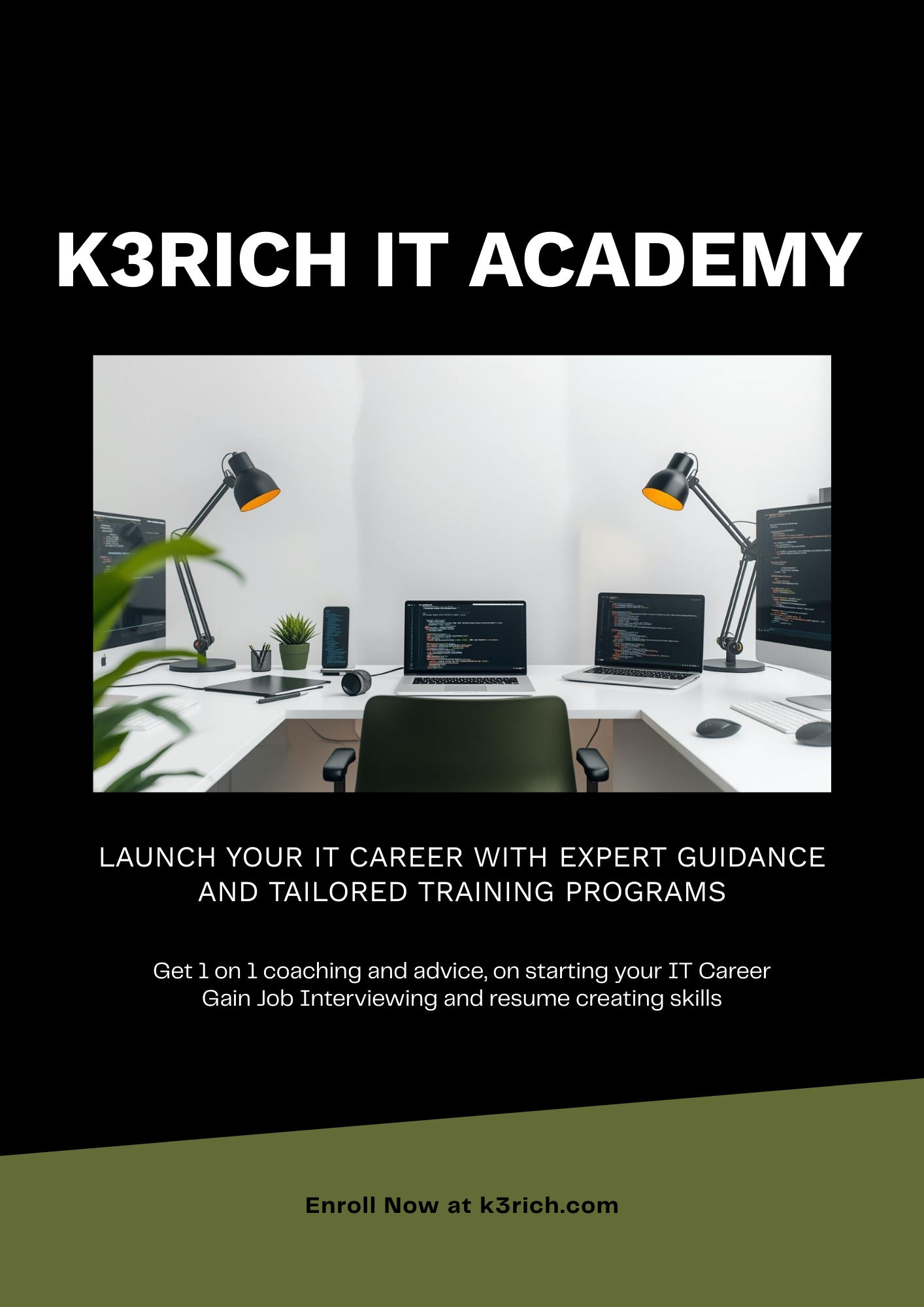 A promotional flyer for K3Rich IT Academy showing a modern workspace with computers, monitors, and desk lamps, advertising training programs for launching an IT career.
