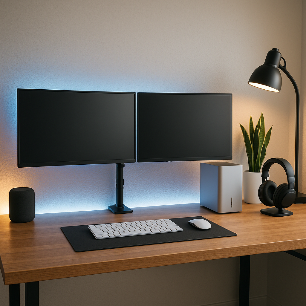 A modern home office desk with dual monitors, a keyboard, mouse, a potted plant, headphones, and a desk lamp.