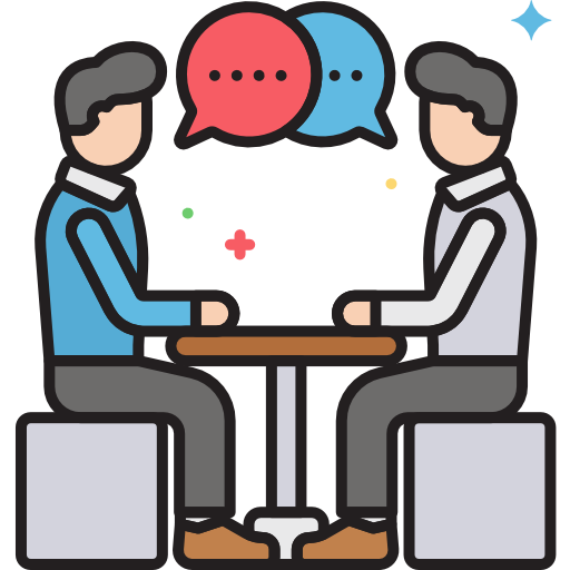 Two cartoon characters sitting across from each other at a table, engaging in a conversation with speech bubbles above their heads.