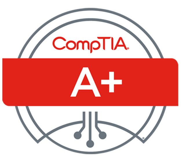 CompTIA A+ certification logo with a red ribbon and a circular gray and white background.