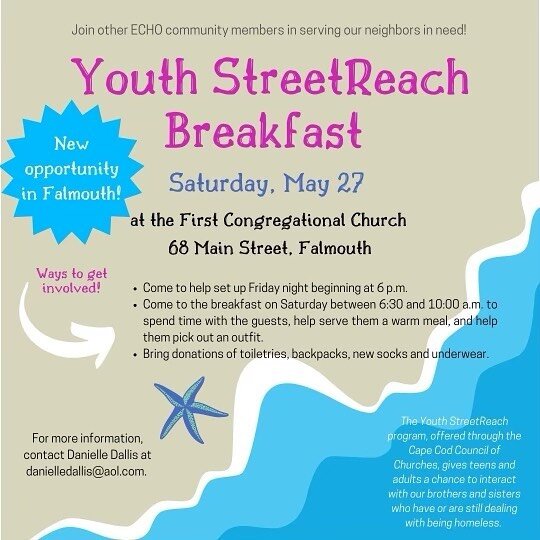 Next Saturday! Join us for StreetReach this month in Falmouth! All are welcome. 
#echoofcapecod #communityoflove