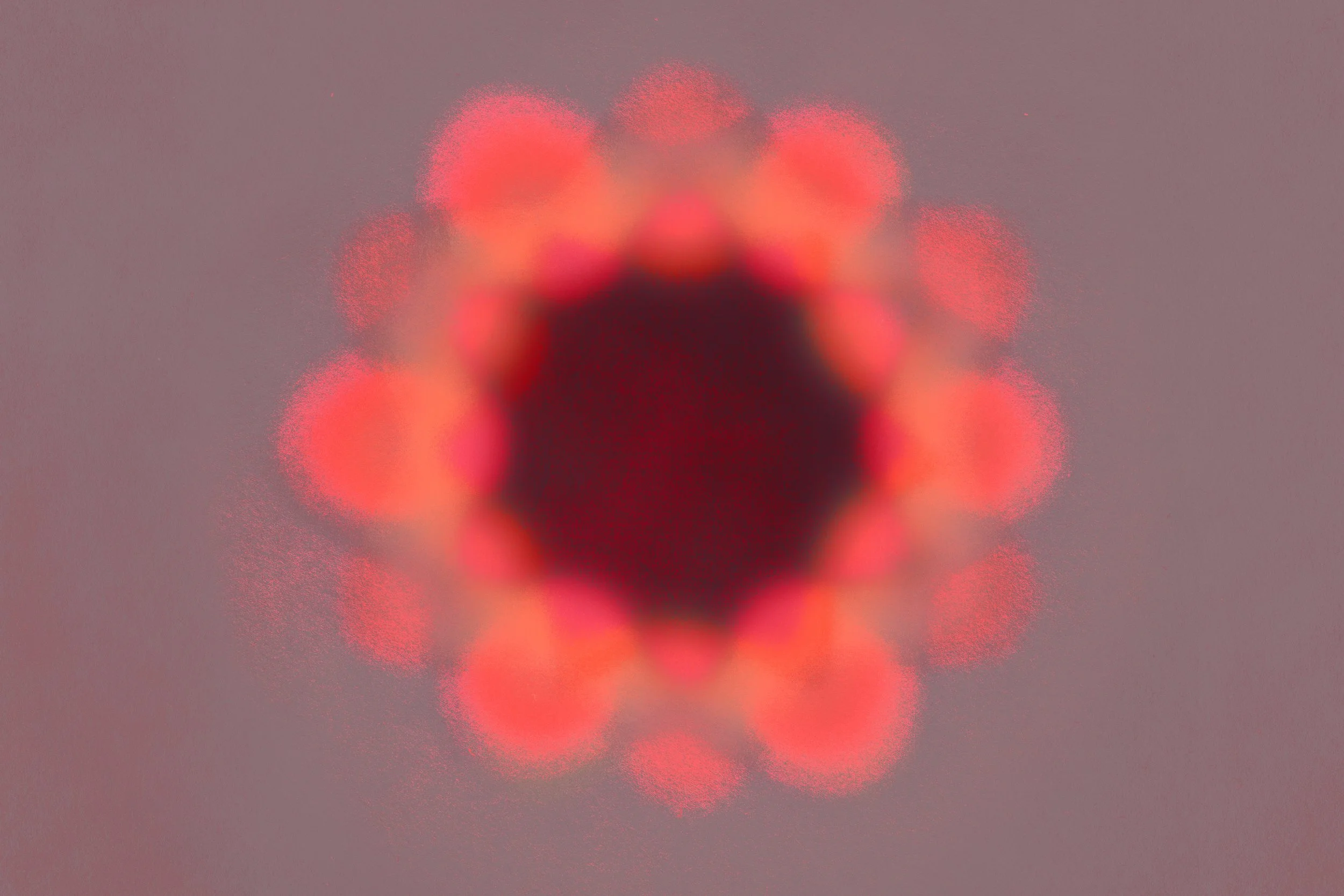 A highly blurred image of a red and pink flower viewed from above, with a dark center. The background is a muted purple/gray color.