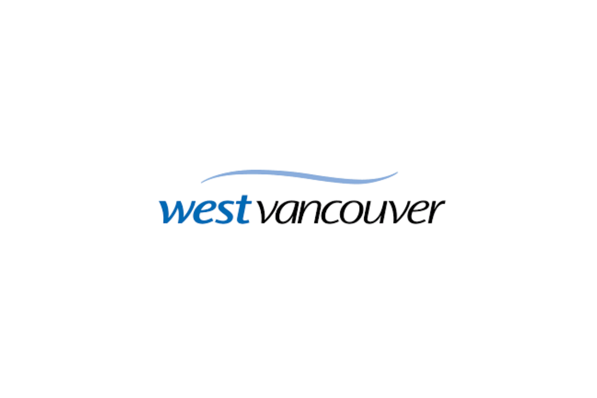 West Vancouver logo with blue background and white stylized wave above the text