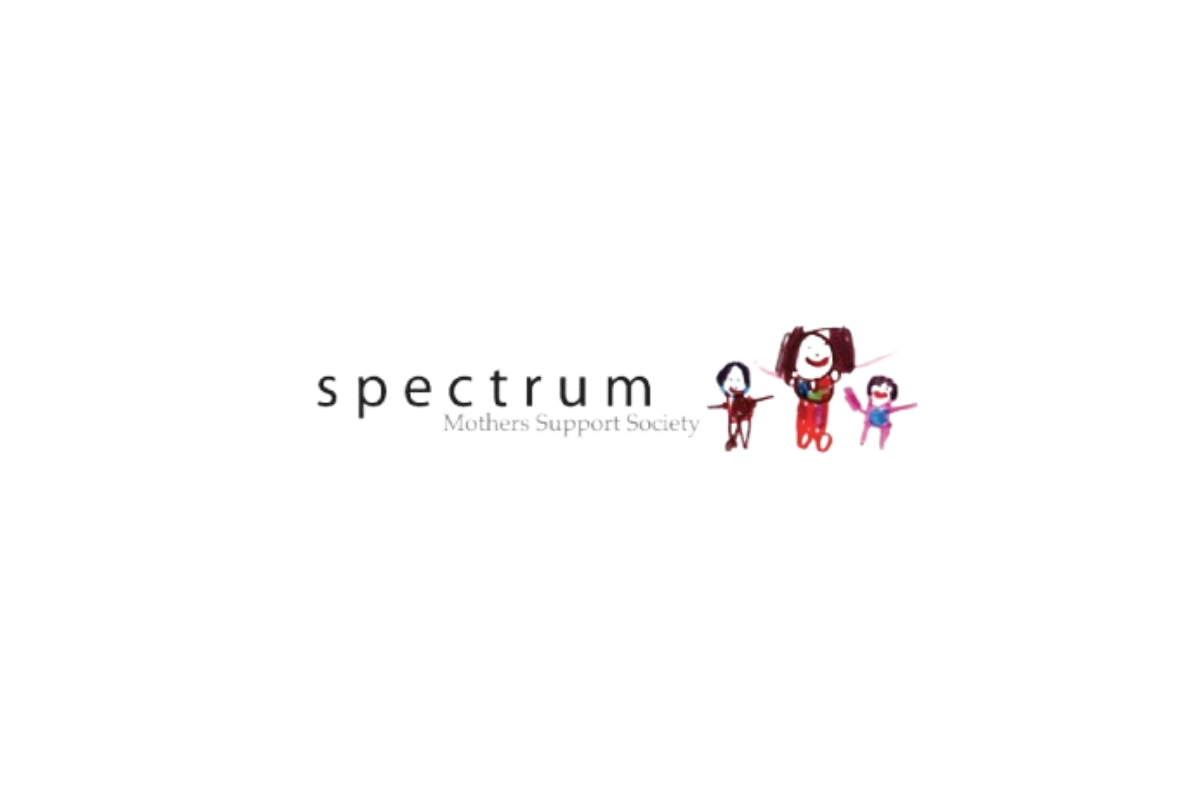 Logo for Spectrum Mothers Support Society featuring hand-drawn illustrations of three women with outstretched arms and colorful clothing