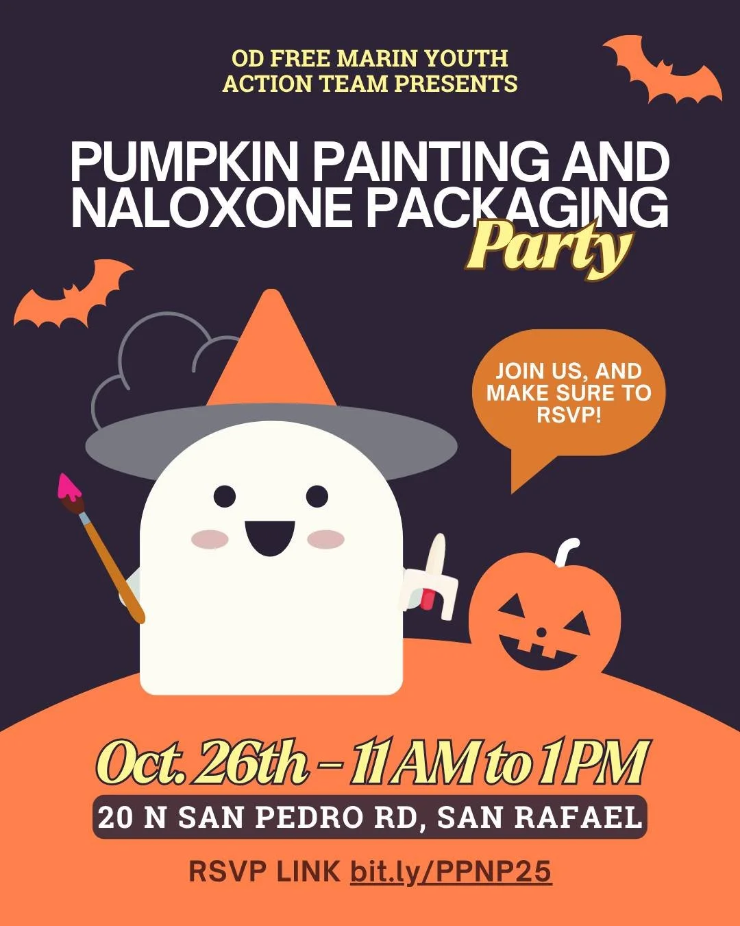 🎃👻 Youth Volunteers Needed for Spooky Season! Join OD Free Marin for a fun afternoon of pumpkin painting and community service! 

🗓️ When: Sunday, October 26 
🕚 Time: 11 AM &ndash; 1 PM 
📍 Where: 20 N. San Pedro Rd., San Rafael 
👦👧 Ages: 12&nd