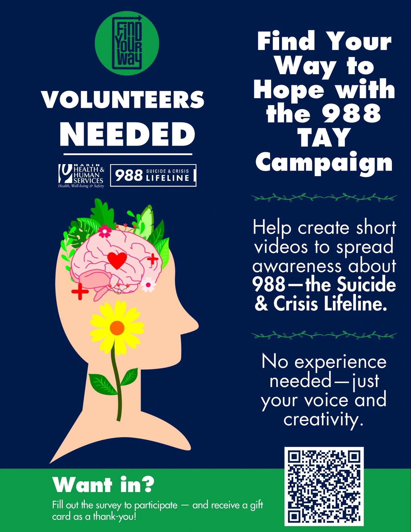 🧠💛 Your voice matters.
Behavioral Health and Recovery Services (BHRS) is creating a video series to raise awareness about 988 &ndash; the Suicide &amp; Crisis Lifeline &ndash; and we want you to be part of it!

Join us in sharing real stories, real