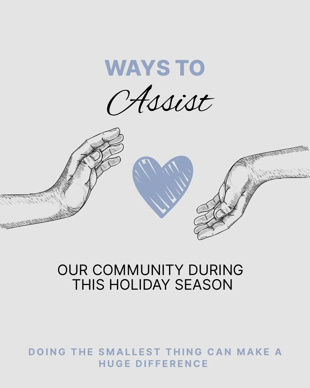 Our community needs assistance this holiday season, and there are some impactful ways we can help! 🎄❤️ Remember, even the smallest contribution can make a huge difference:

🎁 Donate to local food banks or toy drives 
🤝 Volunteer at organizations s