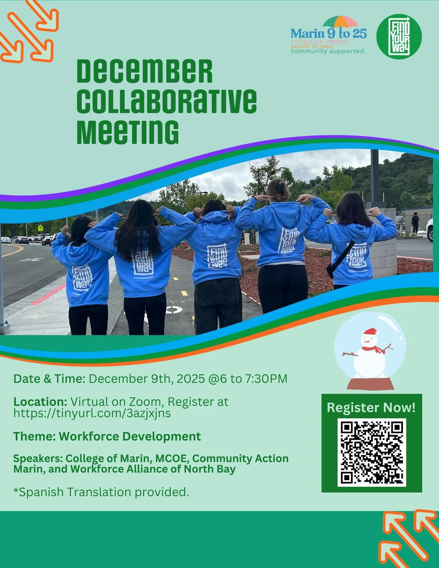 📣 Join us for our December Collaborative Meeting on Tuesday, Dec 9 | 6:00&ndash;7:30 PM | on Zoom!
This month&rsquo;s theme is Workforce Development, featuring speakers from the College of Marin, MCOE &amp; the HealthCare sector. Discover diverse po