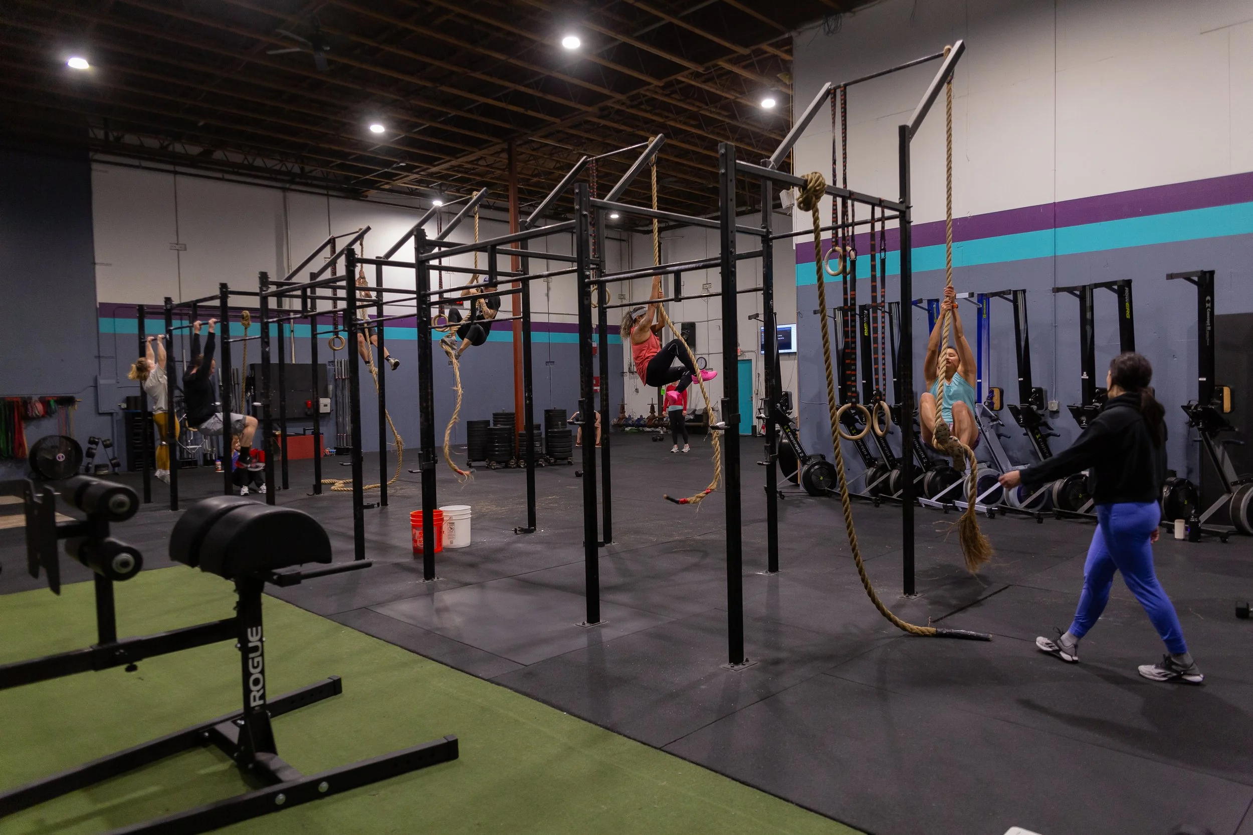 People working out at a gym using various fitness equipment, including climbing ropes, rowing machines, and weightlifting stations.