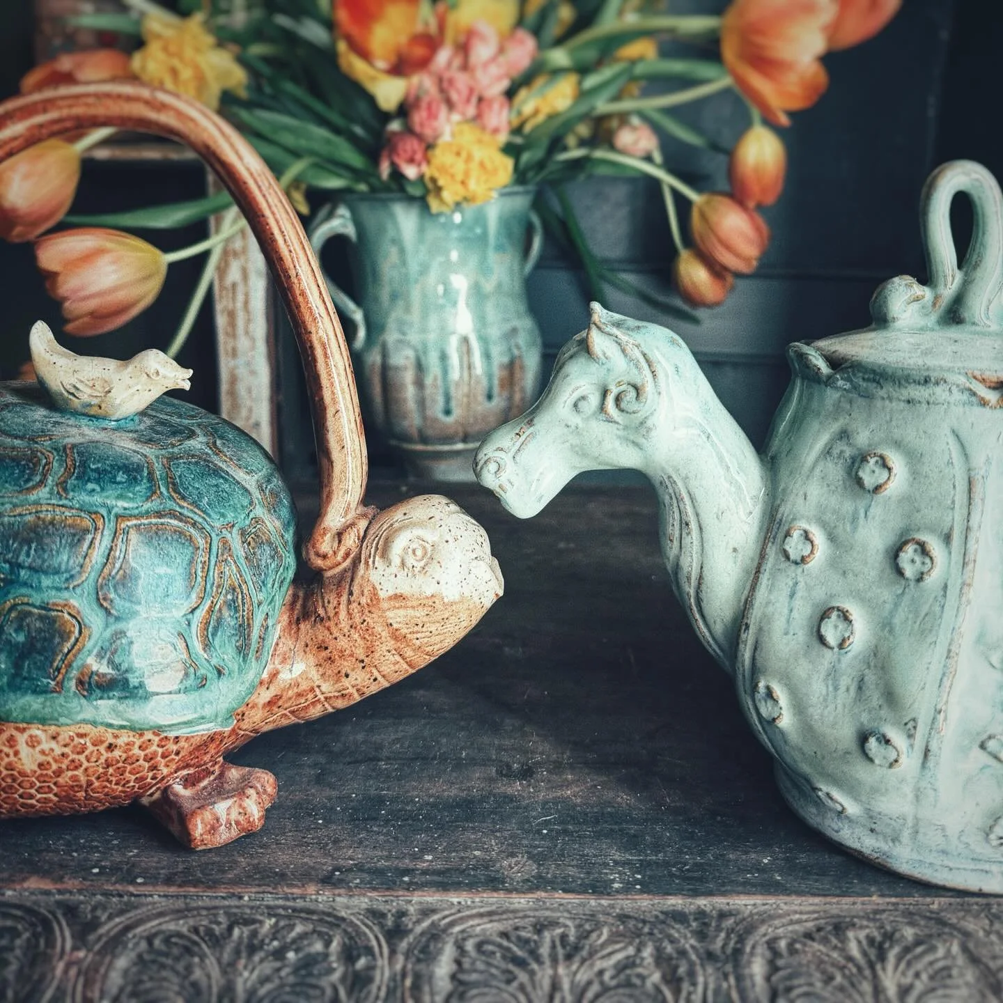A selection of my two favorite teapots and my new favorite mug. 
The turtle pot is a few years old. He doesn&rsquo;t pour great, but is full of charming details. He was my first attempt at a sculptural teapot. 
The horse is inspired by the Golden Hal