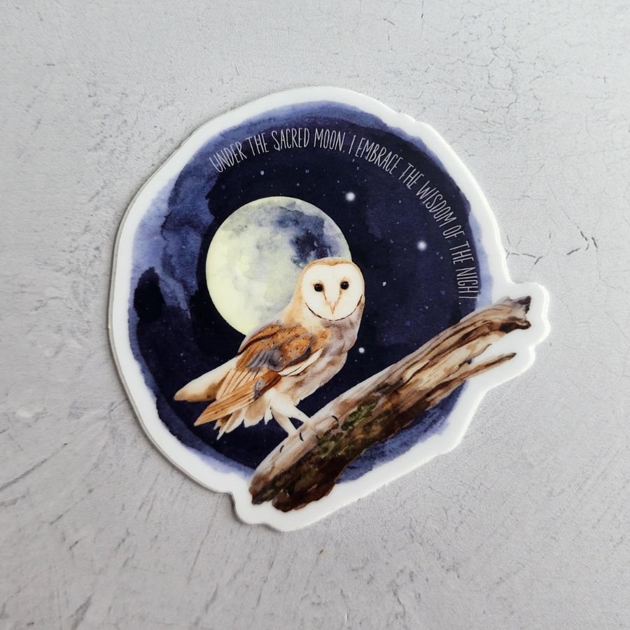 barn owl and full moon vinyl sticker with quote under the sacred moon i embrace the wisdom of the night mystical night owl sticker for moon lovers