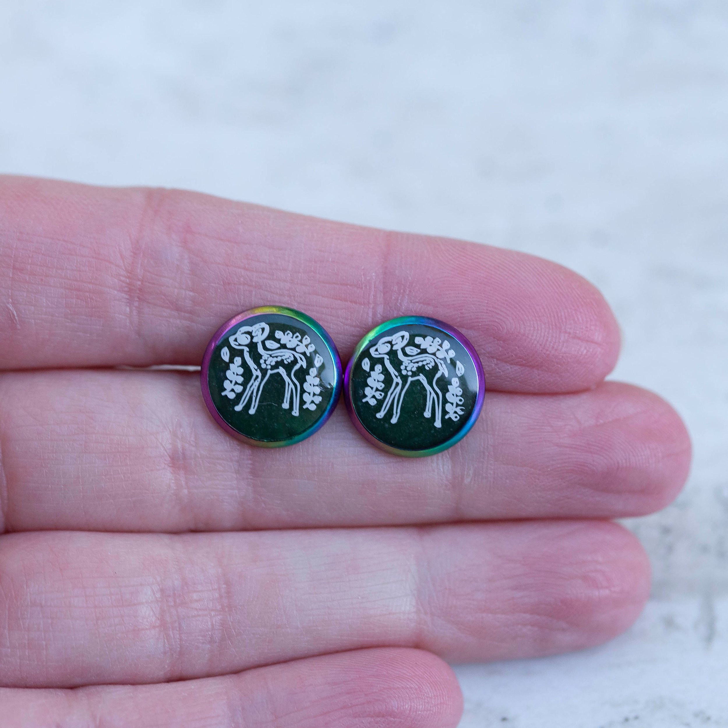 Green Fuchsite And Baby Deer Rainbow Stainless Steel Stud Earrings