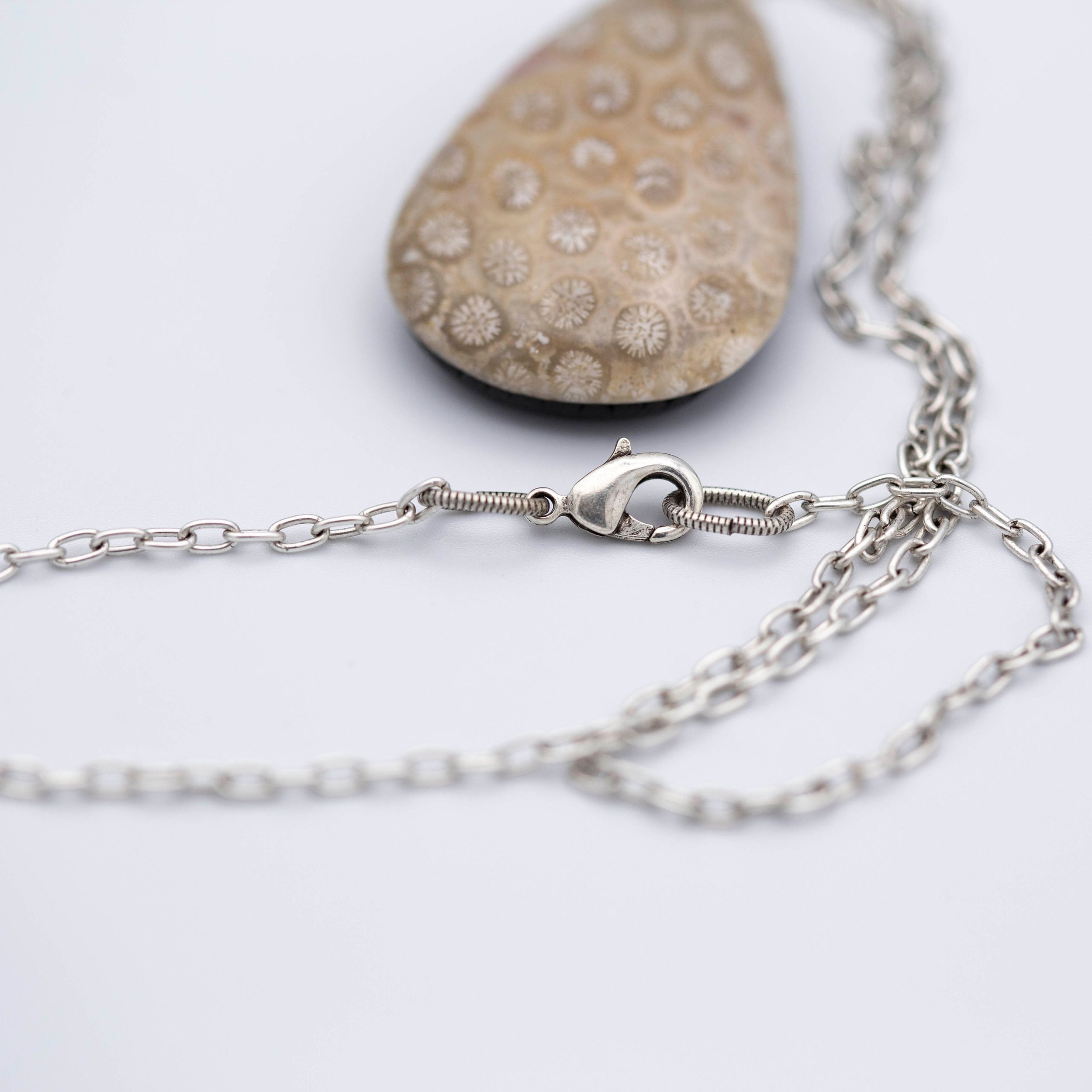 Fossil Coral Teardrop Antique Silver Necklace