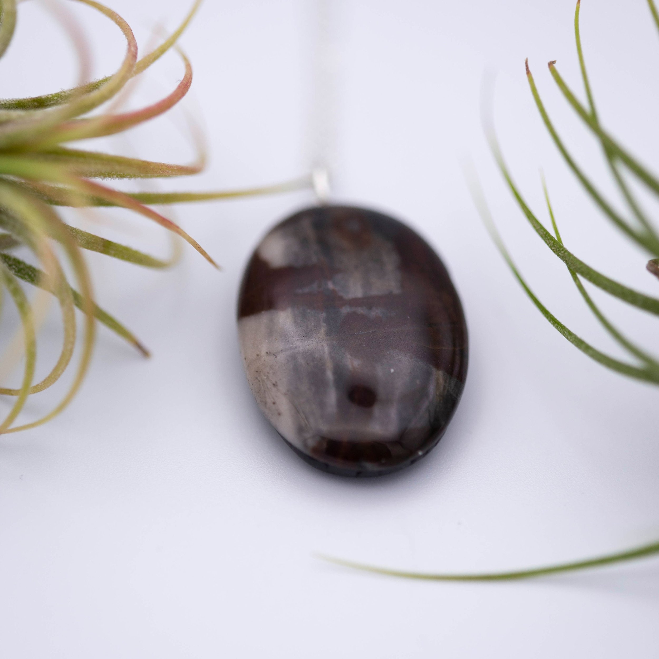 Australian outback jasper stone that has earthy brown and beige colors with black clay on the back silver gemstone necklace.