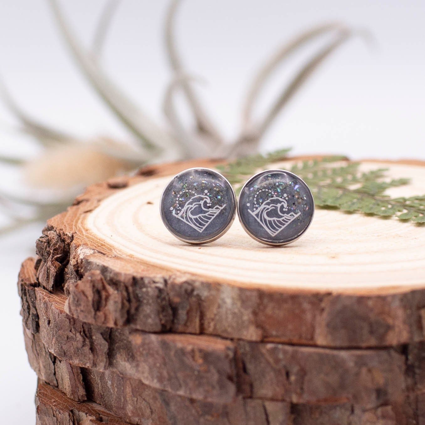 Ocean Wave Blue Coral And Abalone Shell Stainless Steel Post Earrings