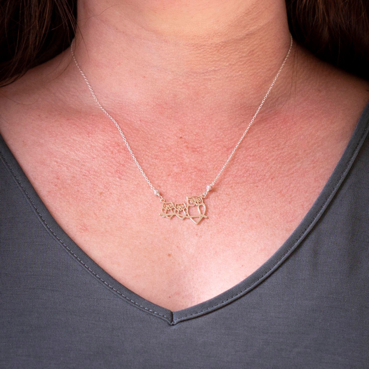 Sweet little mother owl with her two babies sterling silver charm necklace with two mystic pink opal gemstone beads