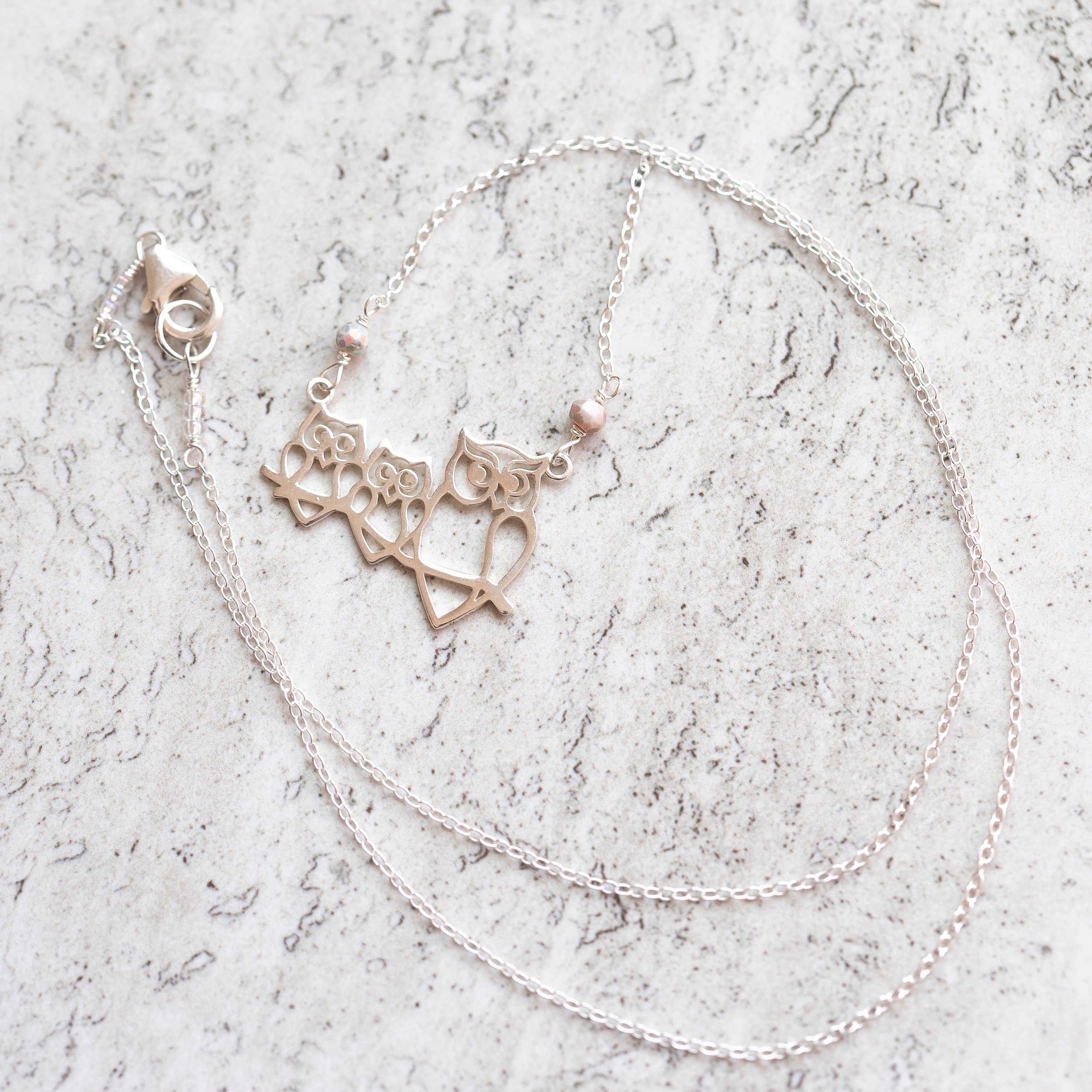 Sweet little mother owl with her two babies sterling silver charm necklace with two mystic pink opal gemstone beads