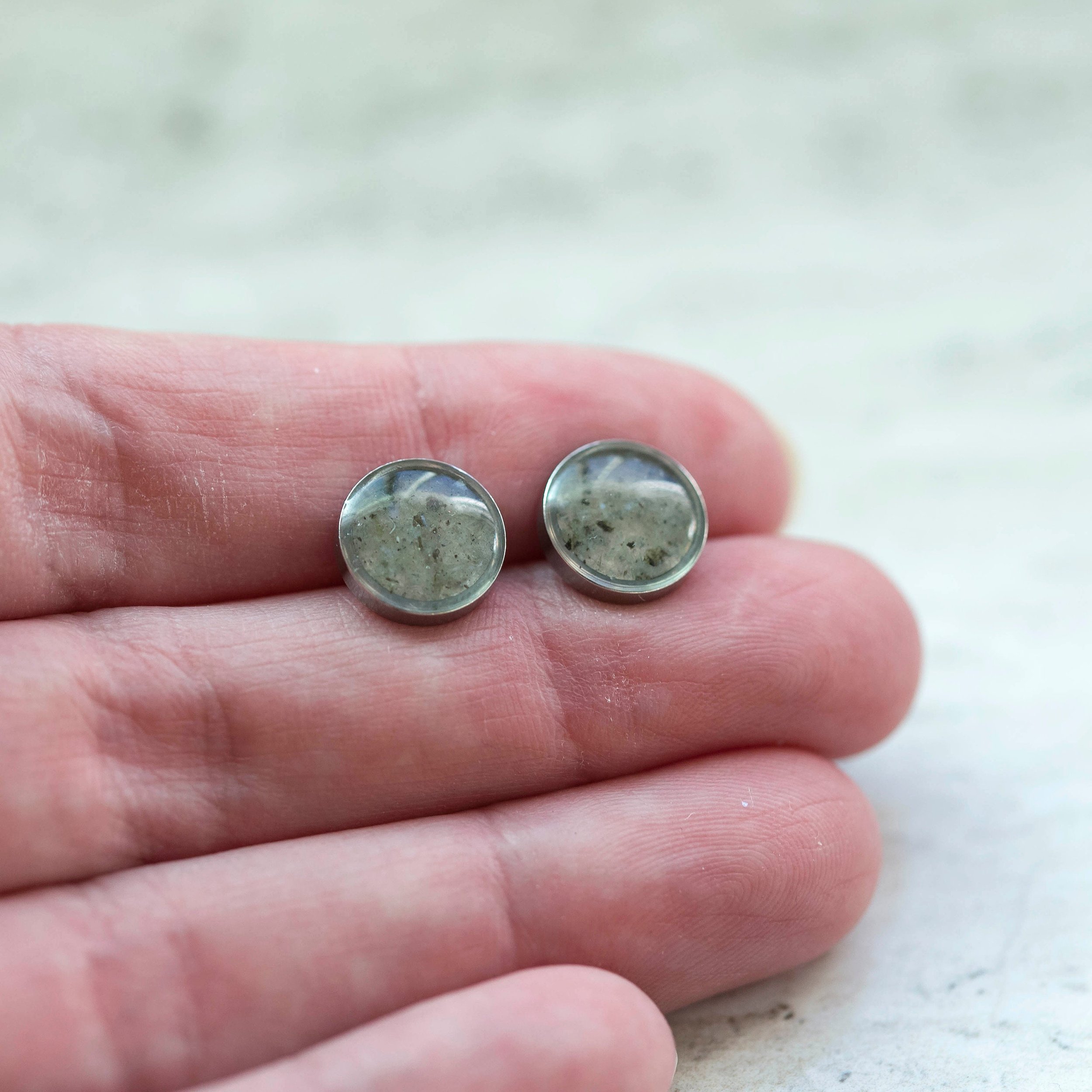 Small grey and black with little blue flashes labradorite gemstone stainless steel earrings that are both simple and beautiful.