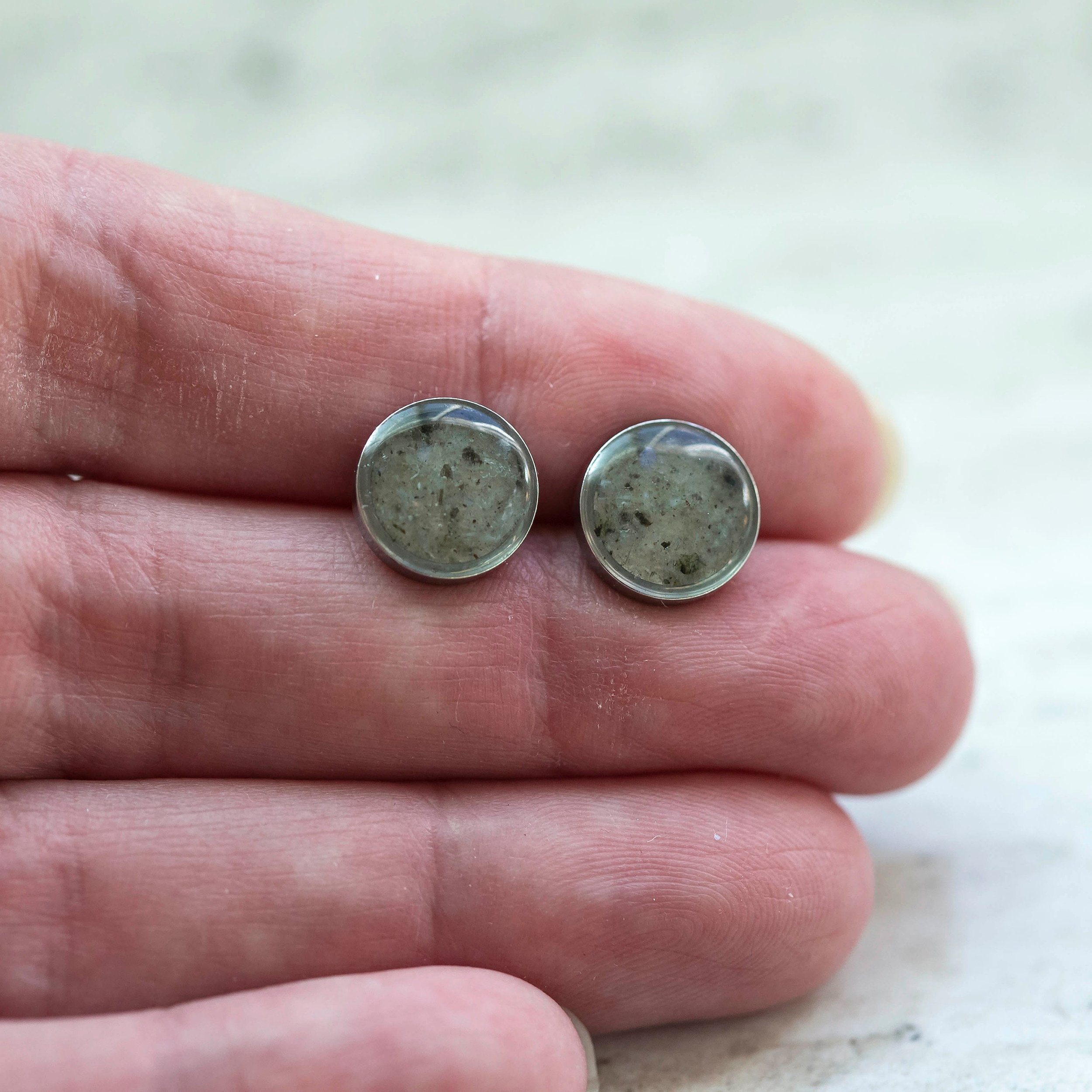 Small grey and black with little blue flashes labradorite gemstone stainless steel earrings that are both simple and beautiful.
