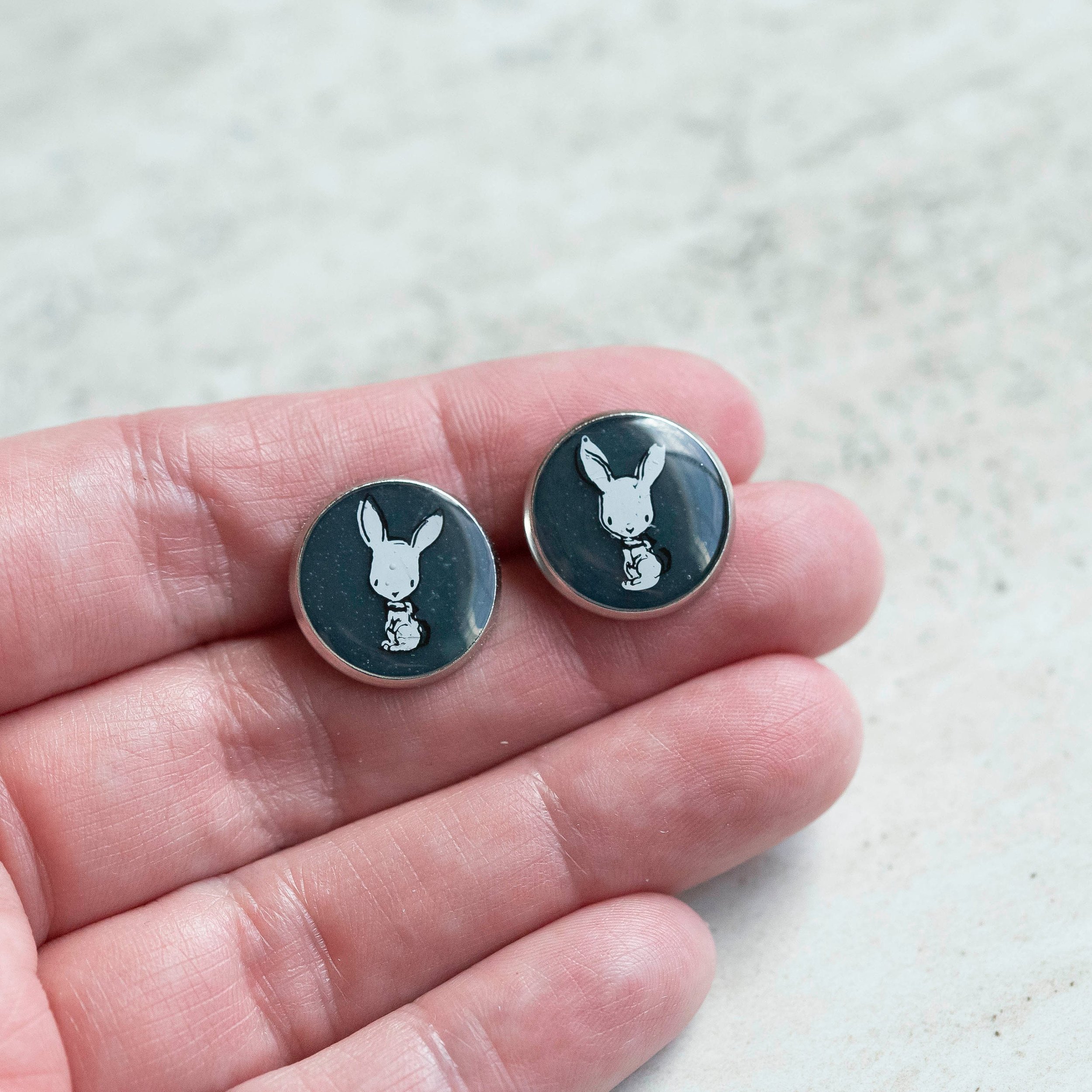 Sweet little bunny design with dark teal azurite gemstone stainless steel earrings.