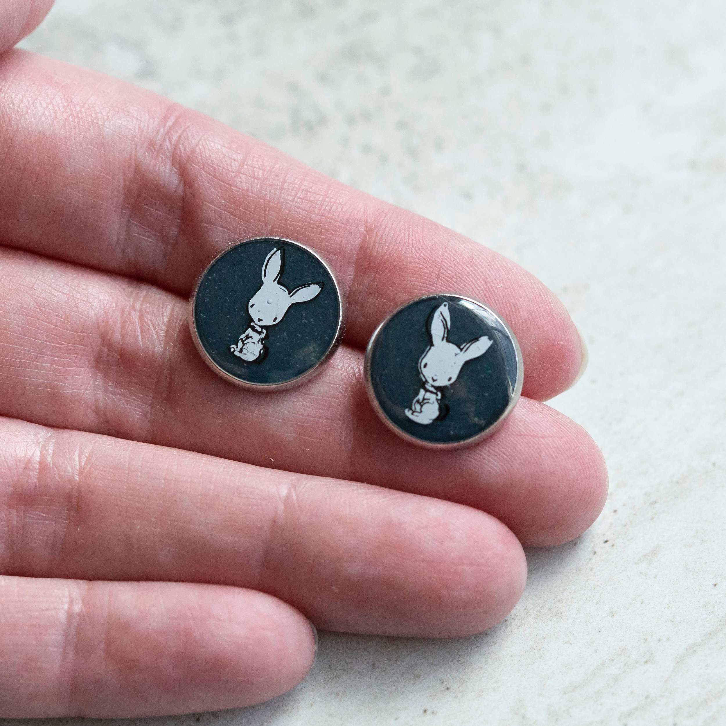 Sweet little bunny design with dark teal azurite gemstone stainless steel earrings.