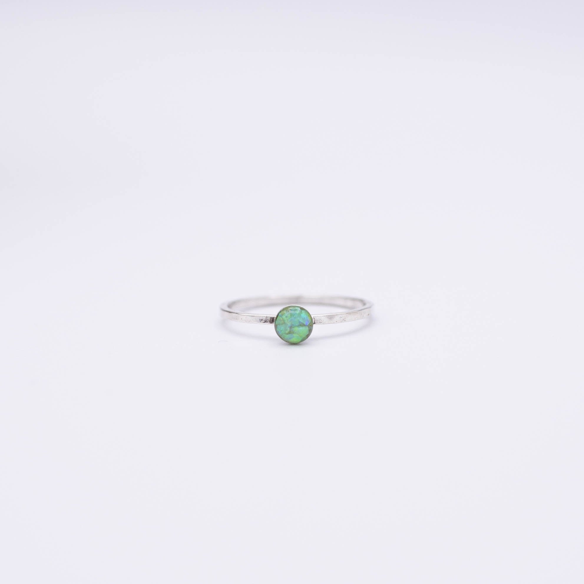 Dainty little green opalite silver thin band stacking ring size 8