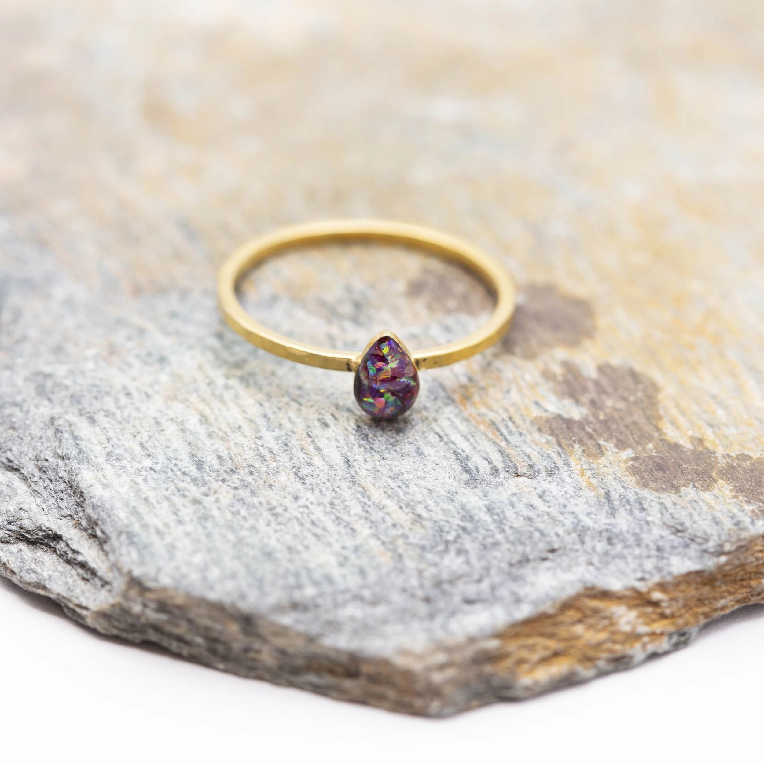 Purple Opalite teardrop gold thin band stacking ring size 9