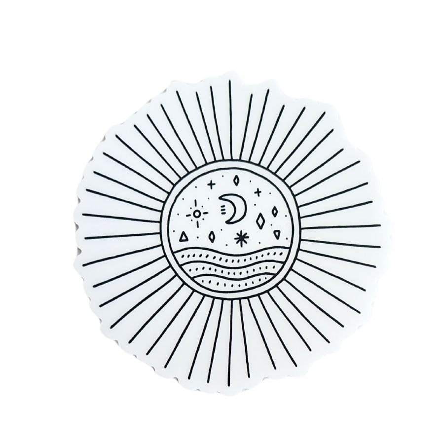 clear vinyl sun sticker with night sky and stars in the center celestial and mystical design for journals laptops and water bottles