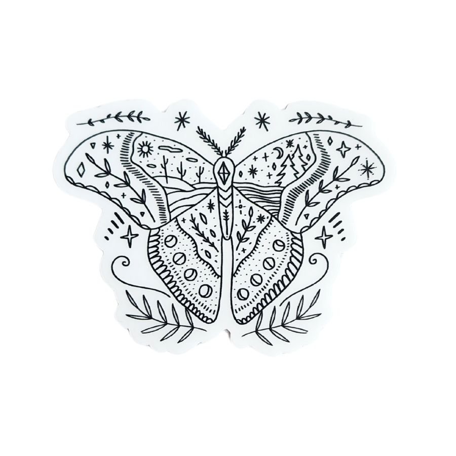 clear butterfly sticker with leaves trees cactus moon and stars nature inspired design with desert and forestcore aesthetic