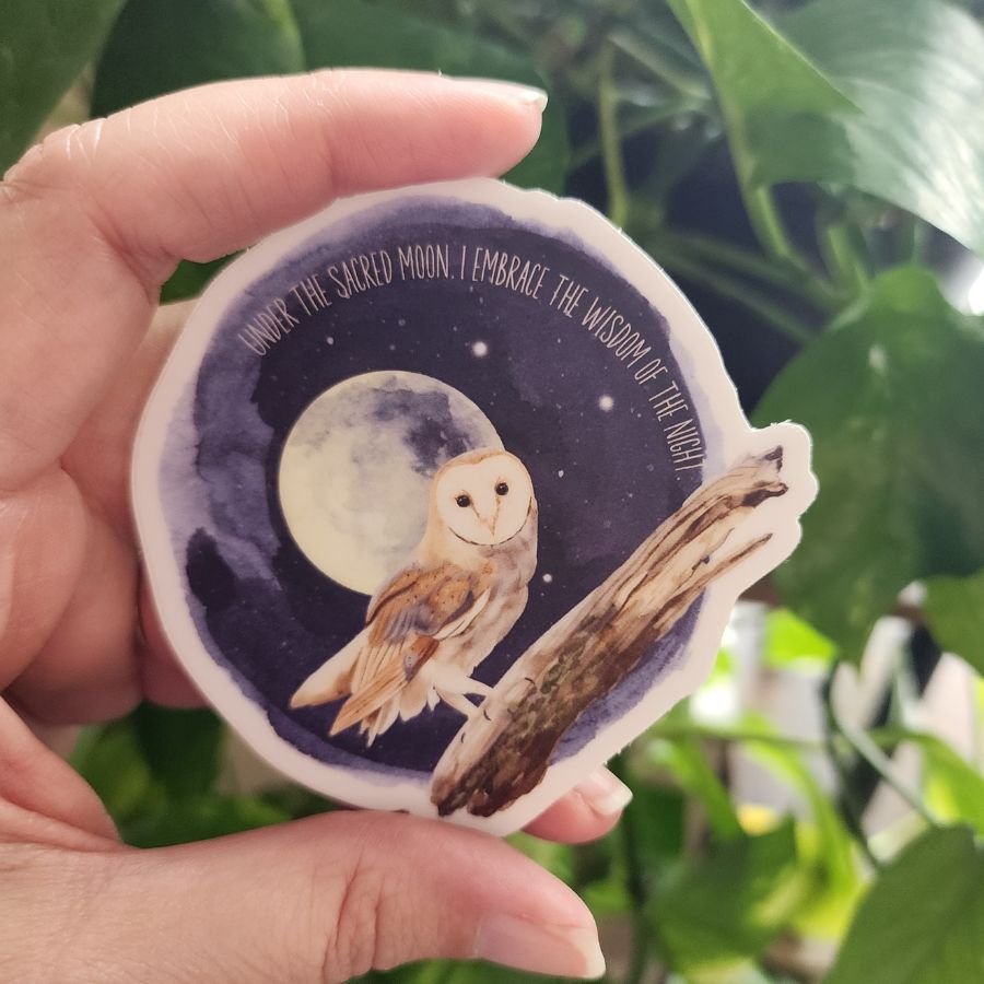 barn owl and full moon vinyl sticker with quote under the sacred moon i embrace the wisdom of the night mystical night owl sticker for moon lovers