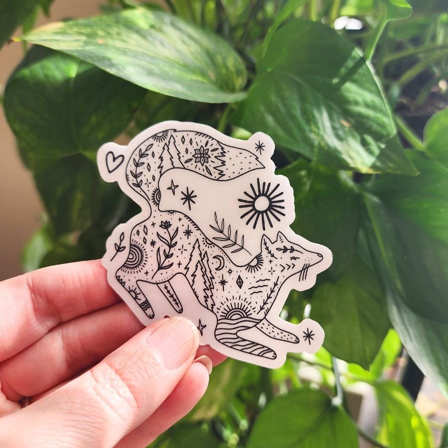 clear vinyl fox sticker with mountains trees sun and moon nature inspired design for forestcore and outdoor lovers