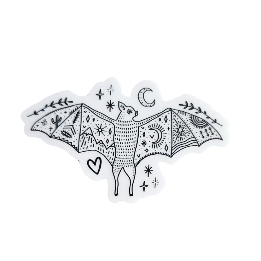 clear vinyl bat sticker with moon mountains cactus stars arrows and leaves mystical desert and celestial design for night sky lovers