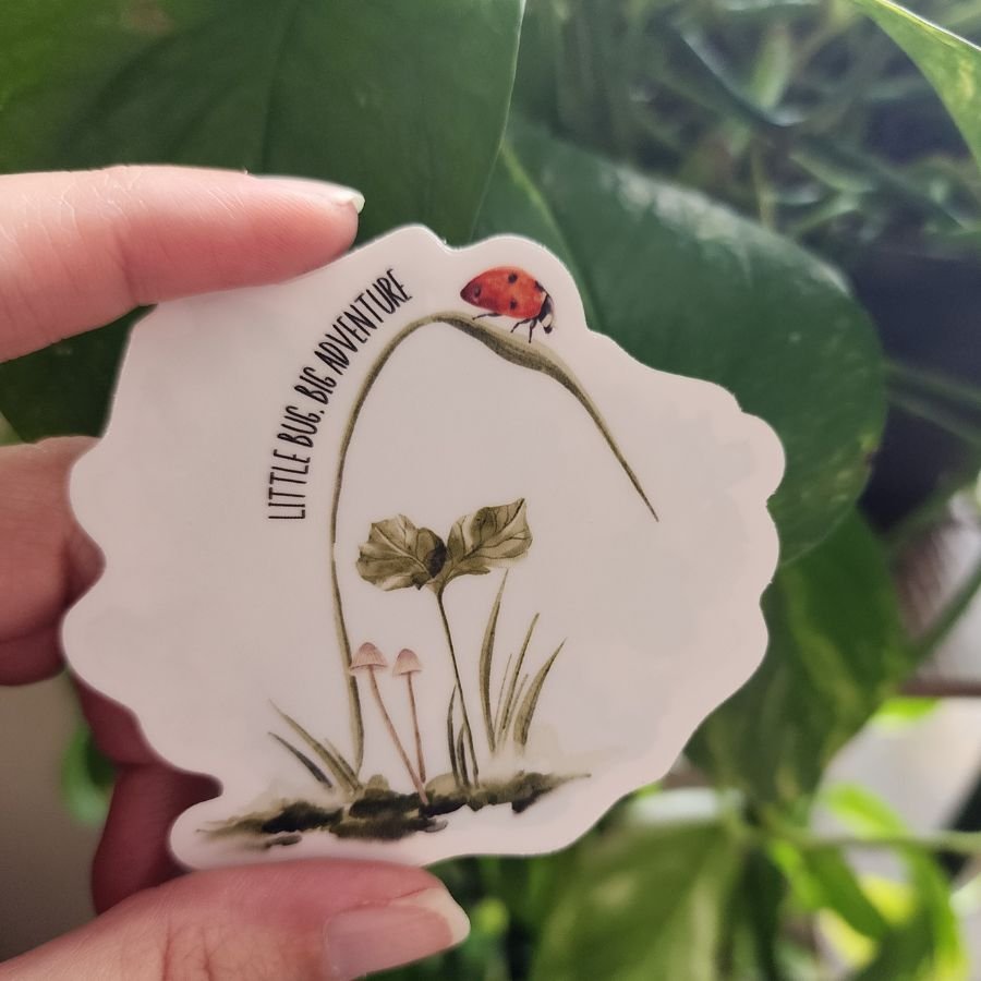 vinyl sticker with a ladybug and the quote little bug big adventure nature inspired design for bug lovers and adventurers