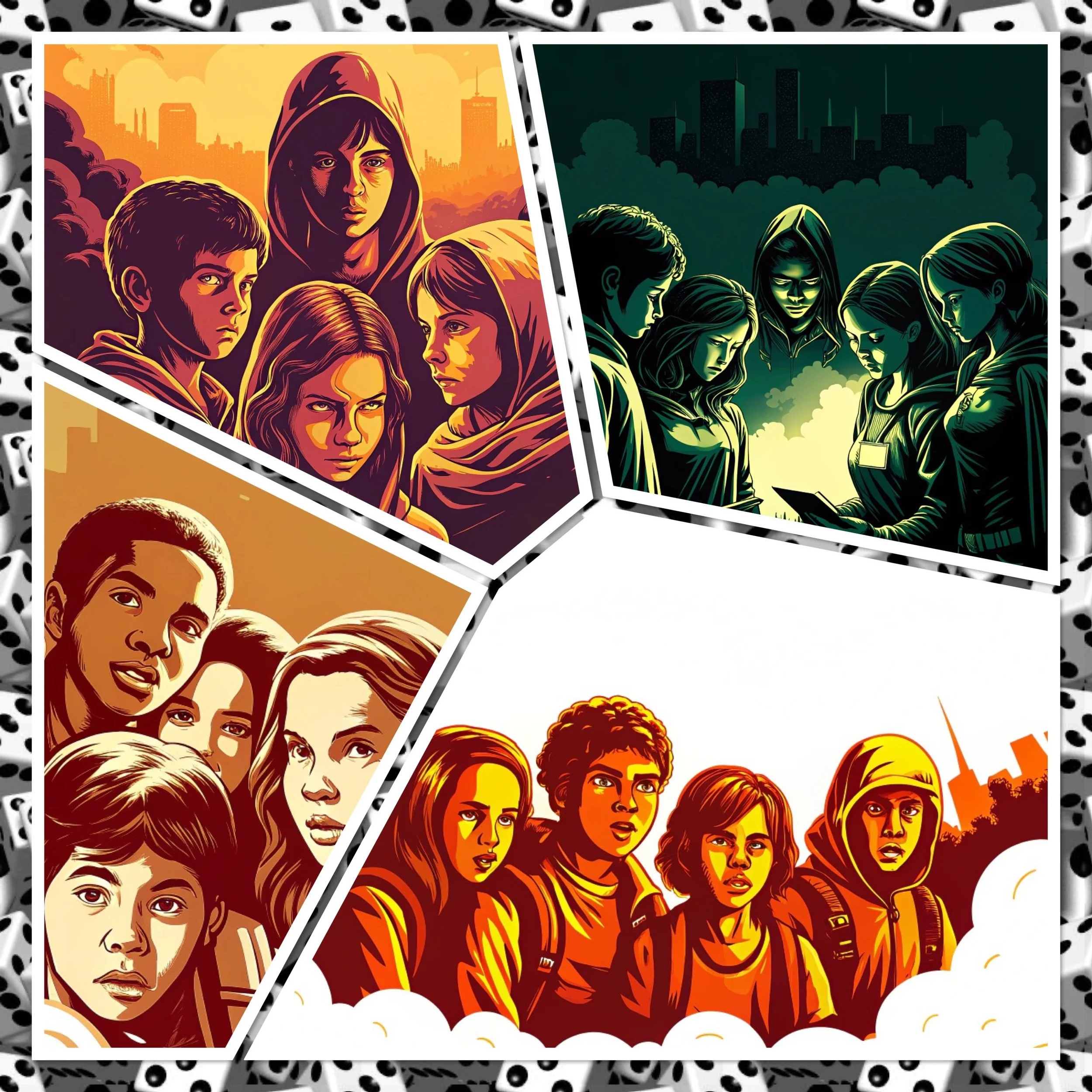 An collage of four illustrated scenes of youth solving mysteries.