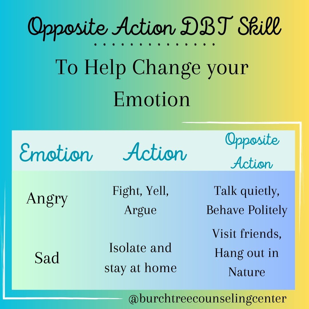 Changing your thoughts and behaviors helps you change your emotions. One way to change your emotions is to utilize the Opposite Action DBT skill. The key is to use the opposite action of what you typically use. For example, if you feel sad you might 