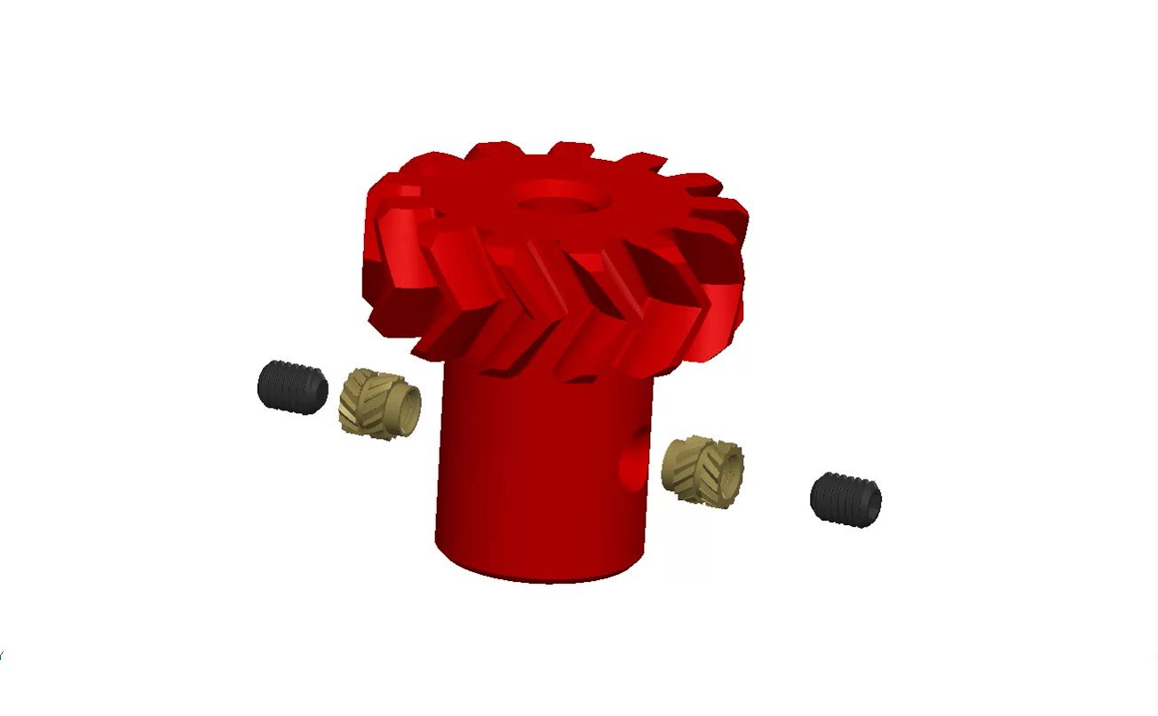  Install heat inserts and grub screws into  wheel 1, wheel 2, and surface motor gears  (2 inserts in each) 