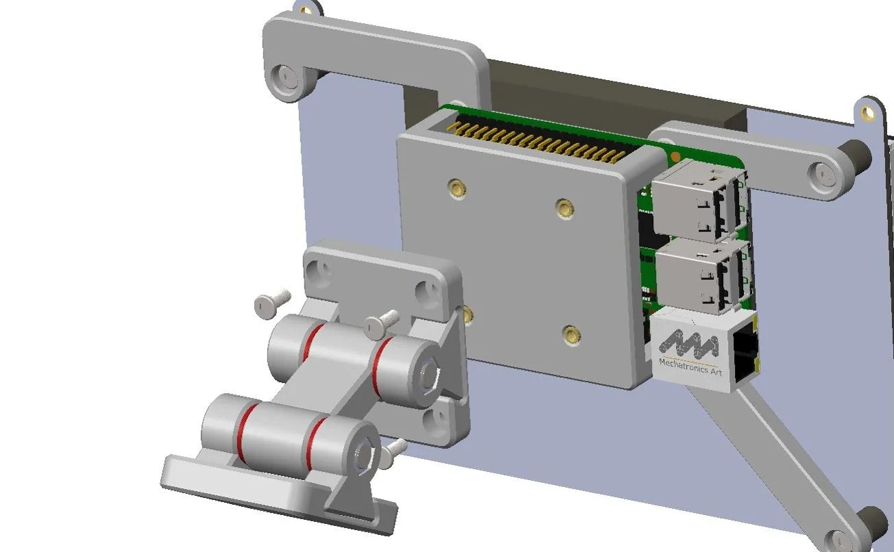  Screw on one side of the hinge mechanism to the back of the RASPBERRY PI HOLDER part or the SCREEN HOLDER part  Using 4x M3x8mm bolt 