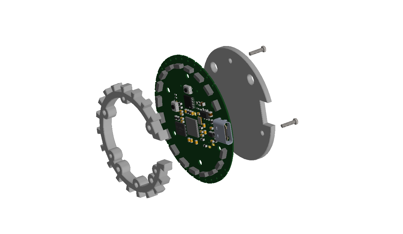  sandwich the PICO DEV M3 board between the BOARD TOP and BOARD BOTTOM parts.  Secure with 3x M1.4x6mm self-tapping screws 