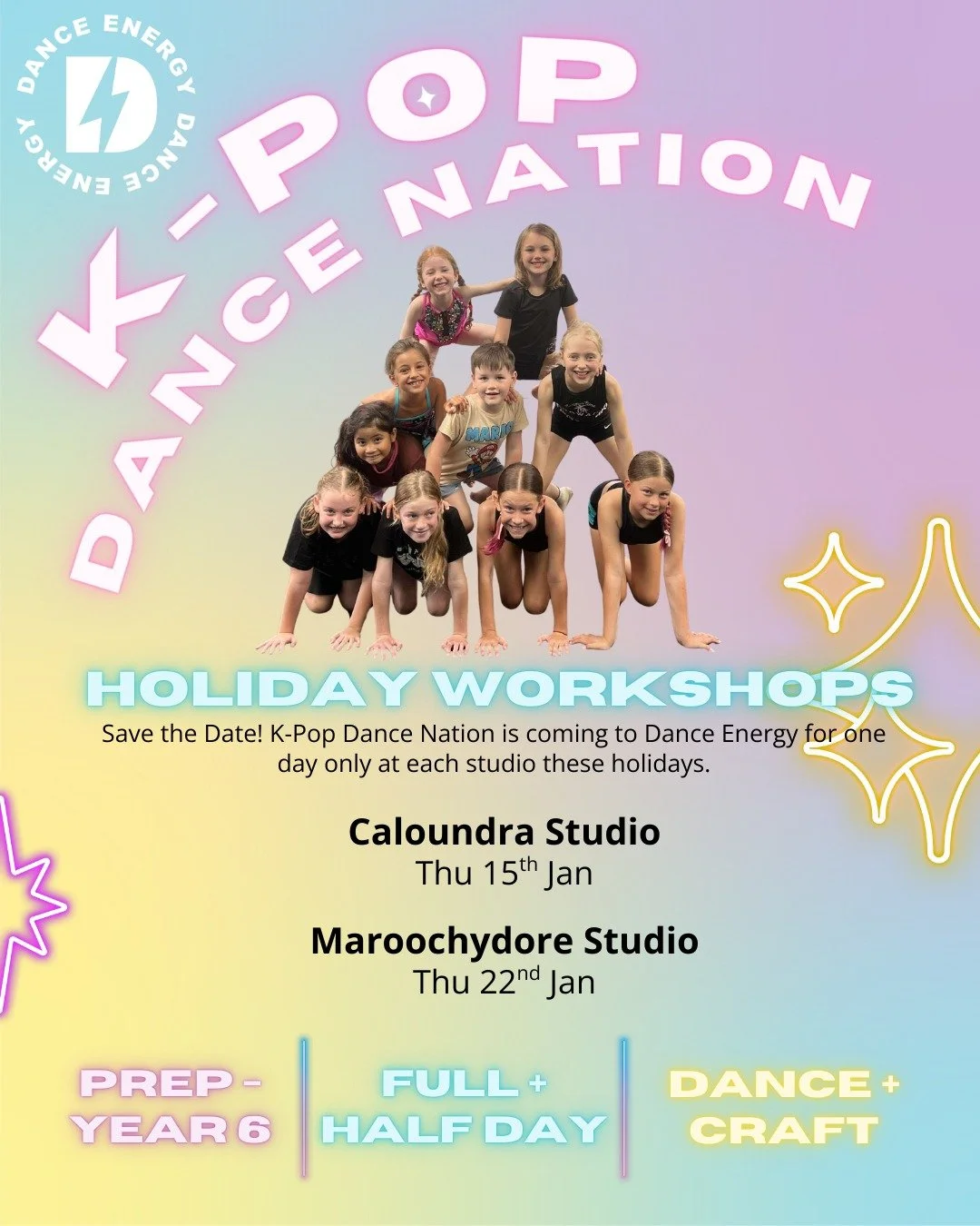 ⚡️ Our school holiday workshops are back with two exciting themes in January:
Summer Island Princess and K-Pop Dance Nation! 🏝️ 💜 Bursting with dancing, creativity and high-energy fun to music kids love.

📍 Caloundra: Wednesday 14th &amp; Thursday