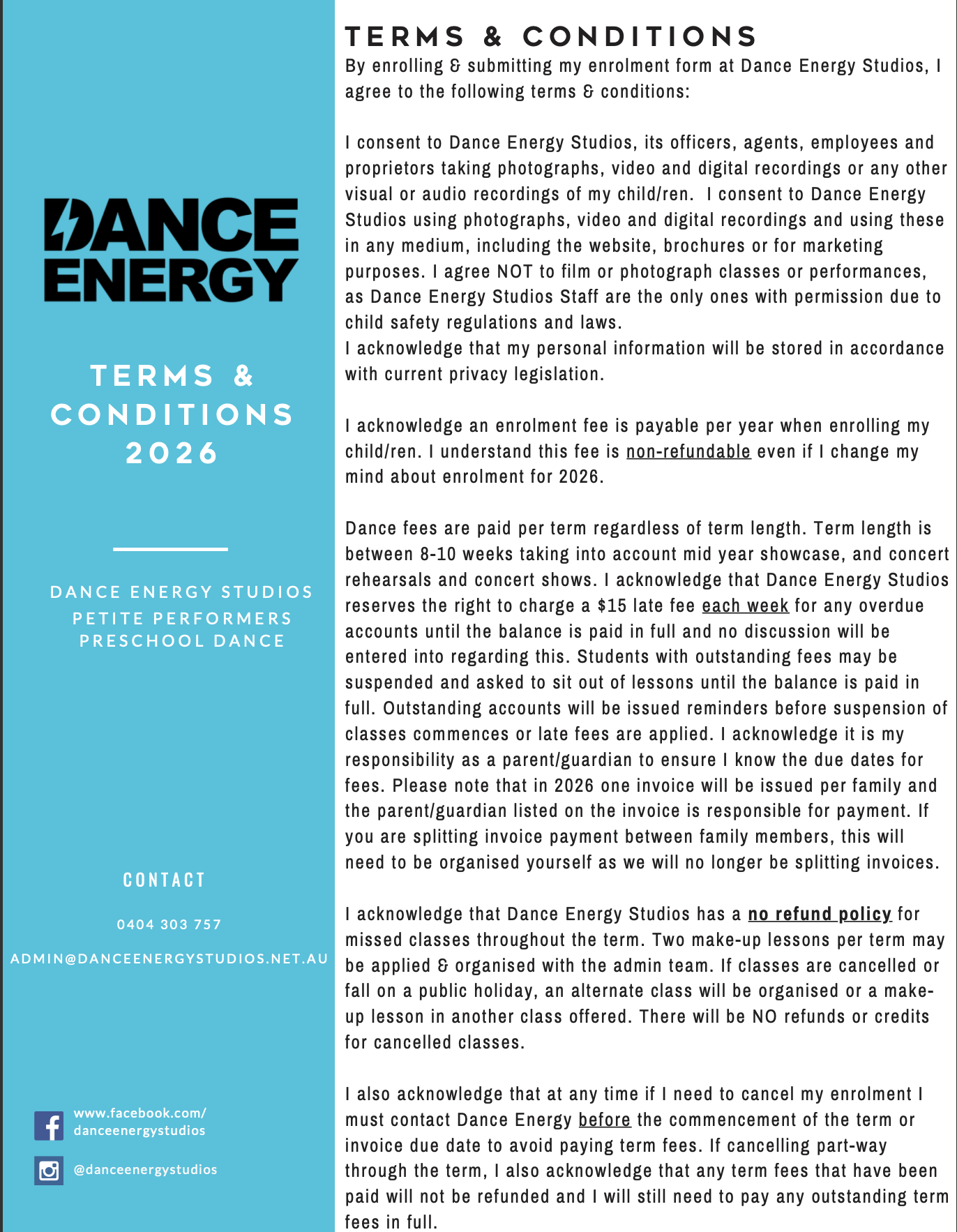 Dance Energy Studios 2026 Terms & Conditions document with policies on enrollment, photography, fees, payment, refunds, and contact information.