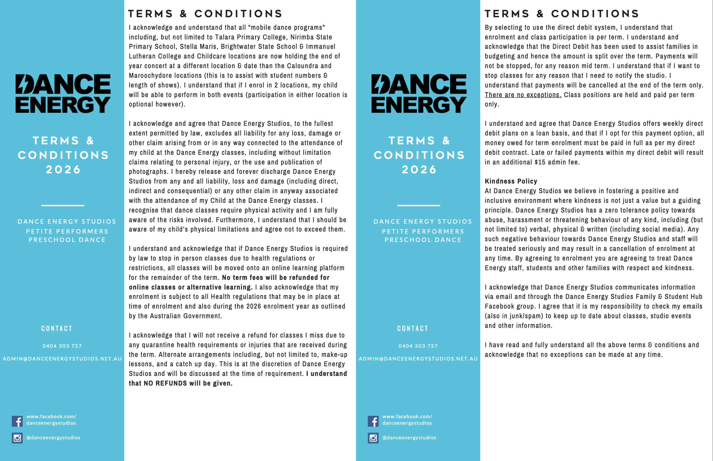 Double-sided flyer with the Dance Energy logo and notice for terms and conditions 2026, including information for participants of dance classes, including contact details and policies.