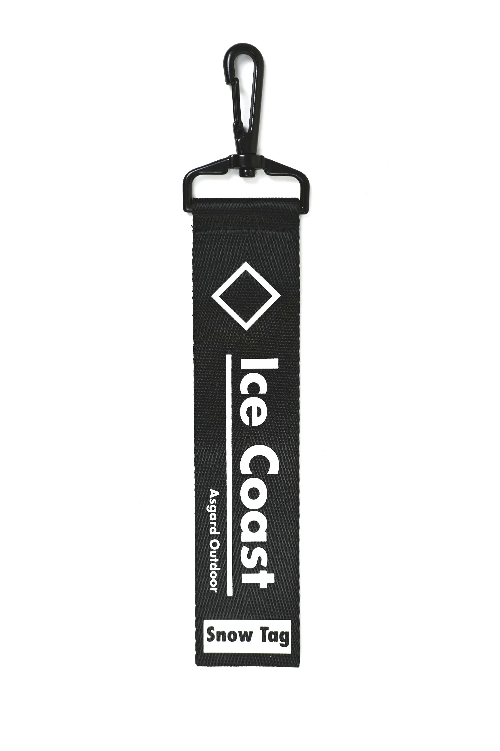 Black fabric snow tag with a metal clasp and hook, featuring white text and a diamond symbol, used for outdoor equipment labels.
